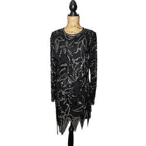 VTG AJ BARI DRESS SILK SEQUINED BEADED SHEER L/S FORMAL COCKTAIL BLACK MEDIUM M